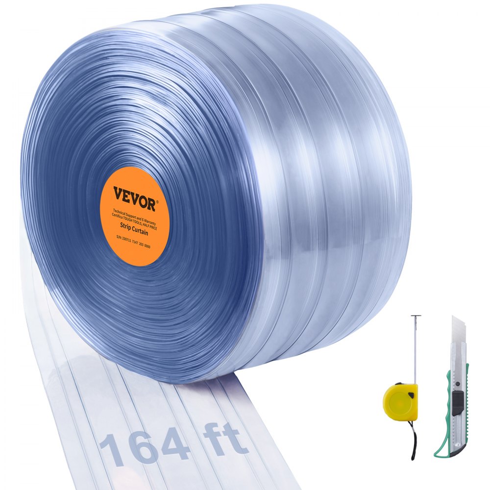 VEVOR Strip Curtain, 164' Length, 8" Width, 0.08" Thickness, Clear Ribbed Plastic Door Strips, PVC Curtain Strip Door Bulk Roll for Warehouses, Factories, Supermarkets, Shopping Malls, Halls, Garages - JPVC164X81PCSCNTTV0