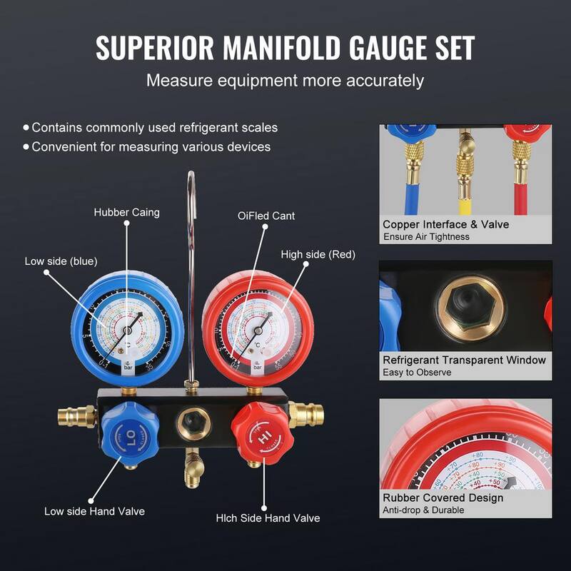 VEVOR HVAC Air Vacuum Pump 1/4 HP 4.5 CFM AC Vacuum Pump Gauge Set 1-Stage Rotary Vane with Hose Carry Bag for R134a R410a - KDZ4CFM180WA15GDIV1