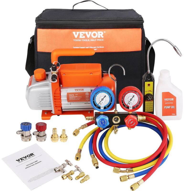 VEVOR HVAC Air Vacuum Pump 1/4 HP 4.5 CFM AC Vacuum Pump Gauge Set 1-Stage Rotary Vane with Hose Carry Bag for R134a R410a - KDZ4CFM180WA15GDIV1