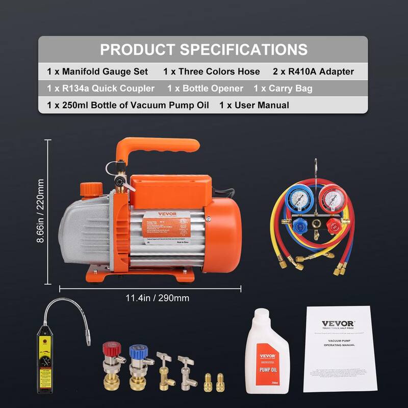 VEVOR HVAC Air Vacuum Pump 1/4 HP 4.5 CFM AC Vacuum Pump Gauge Set 1-Stage Rotary Vane with Hose Carry Bag for R134a R410a - KDZ4CFM180WA15GDIV1