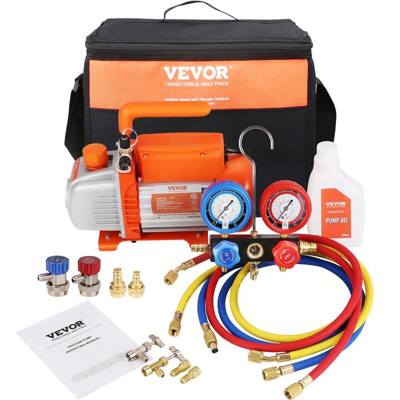 VEVOR Vacuum Pump and Gauge Set 1/4 HP 4.5 CFM Single Stage Rotary Vane HVAC Air Vacuum Pump Manifold Gauge for R134a R410a - KD4CFM180WA2LGZ5FV1