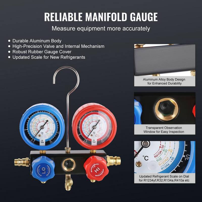 VEVOR Vacuum Pump and Gauge Set 1/4 HP 4.5 CFM Single Stage Rotary Vane HVAC Air Vacuum Pump Manifold Gauge for R134a R410a - KD4CFM180WA2LGZ5FV1