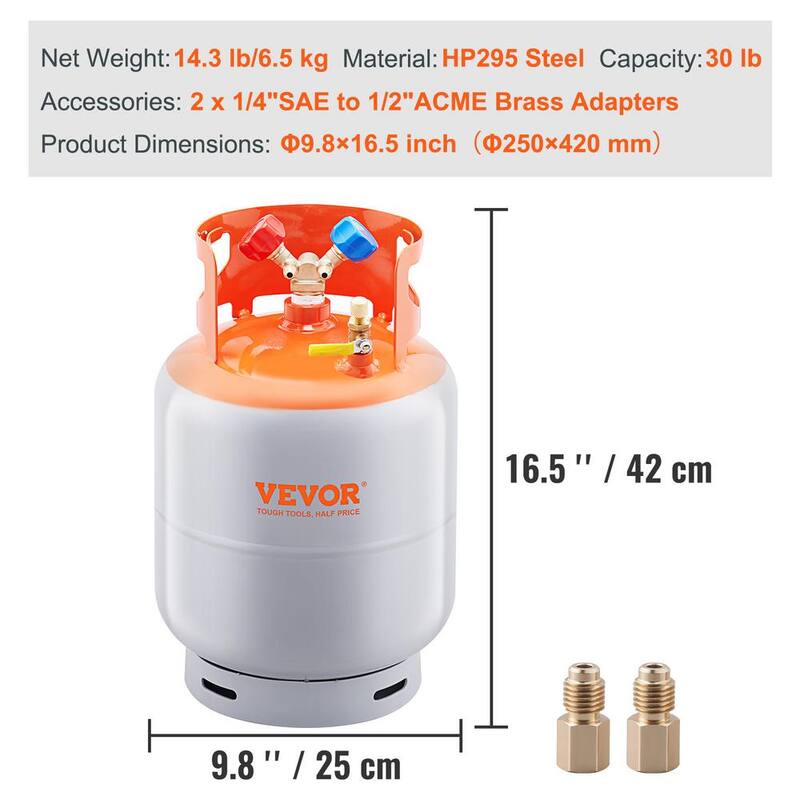 VEVOR Refrigerant Recovery Tank, 30 lbs. Capacity, 400 psi Portable Cylinder Tank with Y-Valve, High-sealing Recovery Can - LMHSGWFDK3014DZJGV0-0807