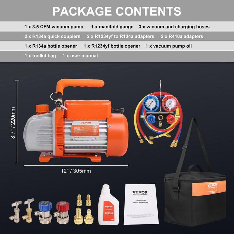 VEVOR HVAC Air Vacuum Pump 1/5 HP 3.5 CFM AC Vacuum Pump Gauge Set 1-Stage Rotary Vane with Hose Carry Bag for R134a R1234yf - K35CFM150WA2L21TAV1