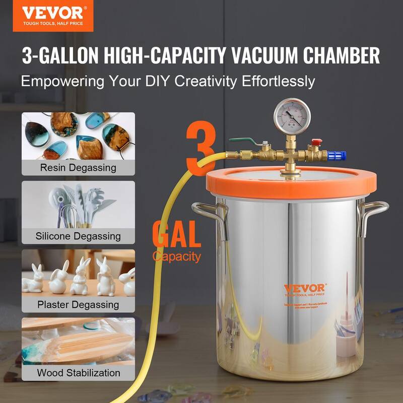 VEVOR 3Gal. Vacuum Chamber, Upgraded Tempered Glass Lid Vacuum Degassing Chamber 304Stainless Steel Chamber, Stabilizing Wood - JSZKTJS3GALLW03QAV0-0730