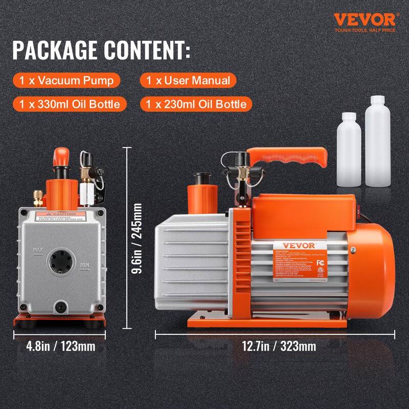 VEVOR 5 CFM Vacuum Pump 2 Stage 120-Volt Air Conditioning Vacuum Pump 1/2 HP 375 Watt Rotary Vane HVAC for Refrigeration HVAC - KDZKB5CFM375WZ63JV1