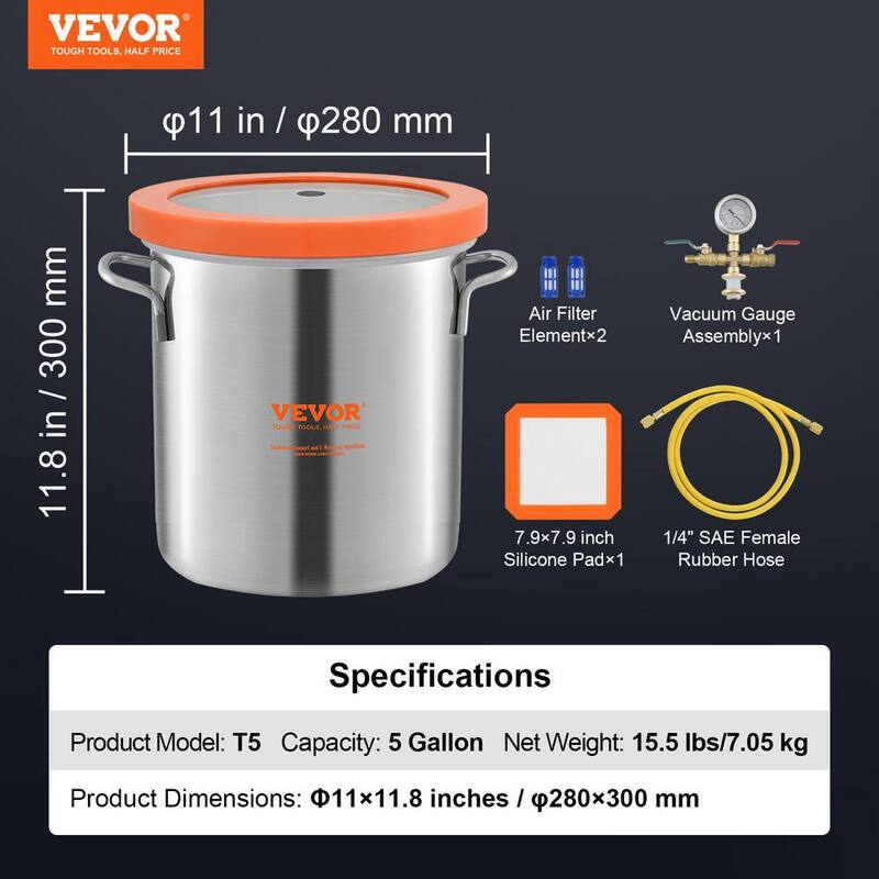 VEVOR 5Gal. Vacuum Chamber Upgraded Tempered Glass Lid Vacuum Degassing Chamber 304Stainless Steel Chamber, Stabilizing Wood - JSZKTJS5GALLH3CGUV0-0730