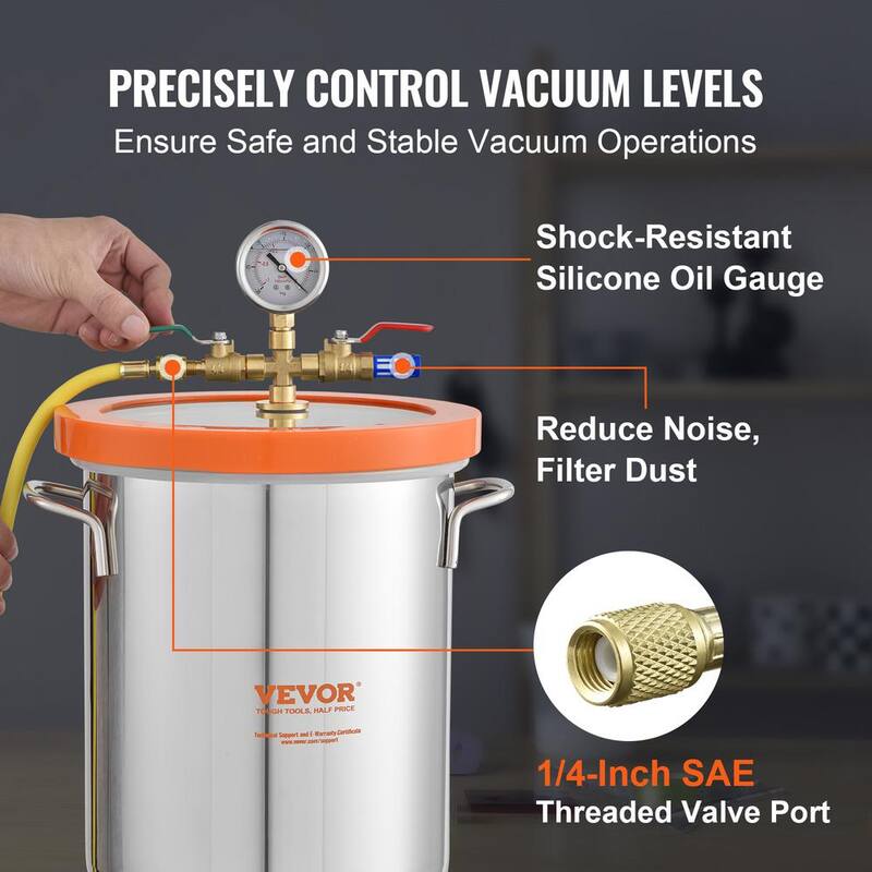 VEVOR 5Gal. Vacuum Chamber Upgraded Tempered Glass Lid Vacuum Degassing Chamber 304Stainless Steel Chamber, Stabilizing Wood - JSZKTJS5GALLH3CGUV0-0730