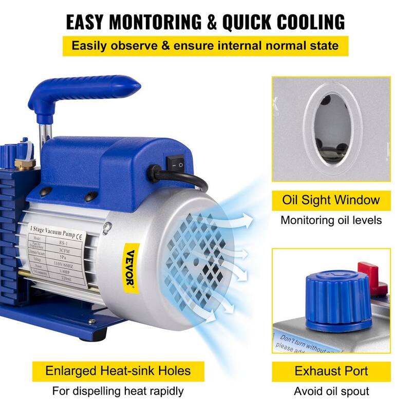 VEVOR Vacuum Pump Chamber Kit 3 CFM Vacuum with Degassing Chamber 3 Gal. Single Stage Stainless Steel for Home AC Auto Repair - QCKTZKB3JLBXGT3CFV1