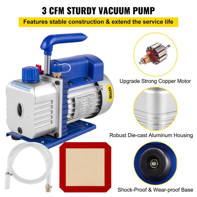 VEVOR Vacuum Pump Chamber Kit 3 CFM Vacuum with Degassing Chamber 3 Gal. Single Stage Stainless Steel for Home AC Auto Repair - QCKTZKB3JLBXGT3CFV1