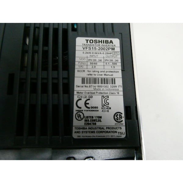Toshiba TRANSISTOR INVERTER 200-240V-AC 0.1-500HZ 200-240V-AC 0.25HP AC VFD DRIVE - VFS15-2002PM