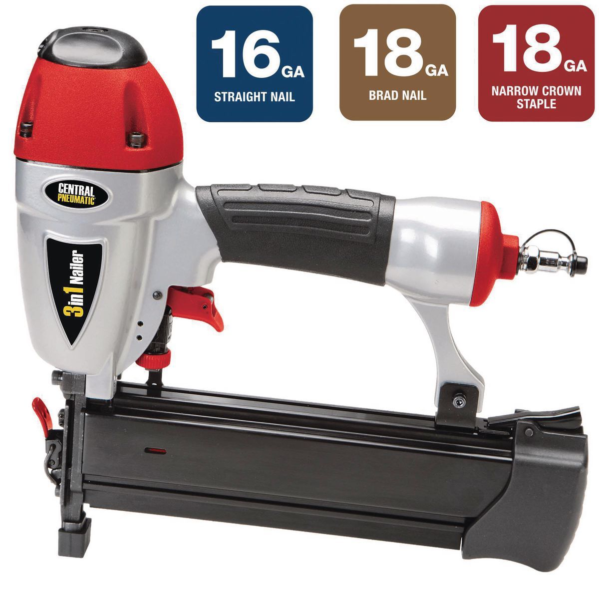 Clavadora/grapadora de aire 3 en 1 de calibre 16/18 Central Pneumatic - 64142