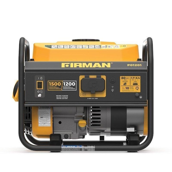 Firman Performance Series Generator, 120 V, 1500 W Output, Gasoline, 1.7 gal Tank, 10 hr Run Time, Recoil Start - P01201