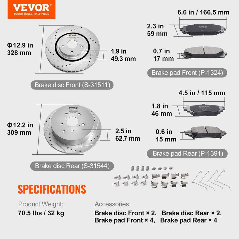 VEVOR Front and Rear Brake Kit Compatible with Toyota Sienna, Highlander, Lexus RX350, RX450h,Drilled and Slotted Brake Rotors - QCCCPTZHIGHLG1QCZV0