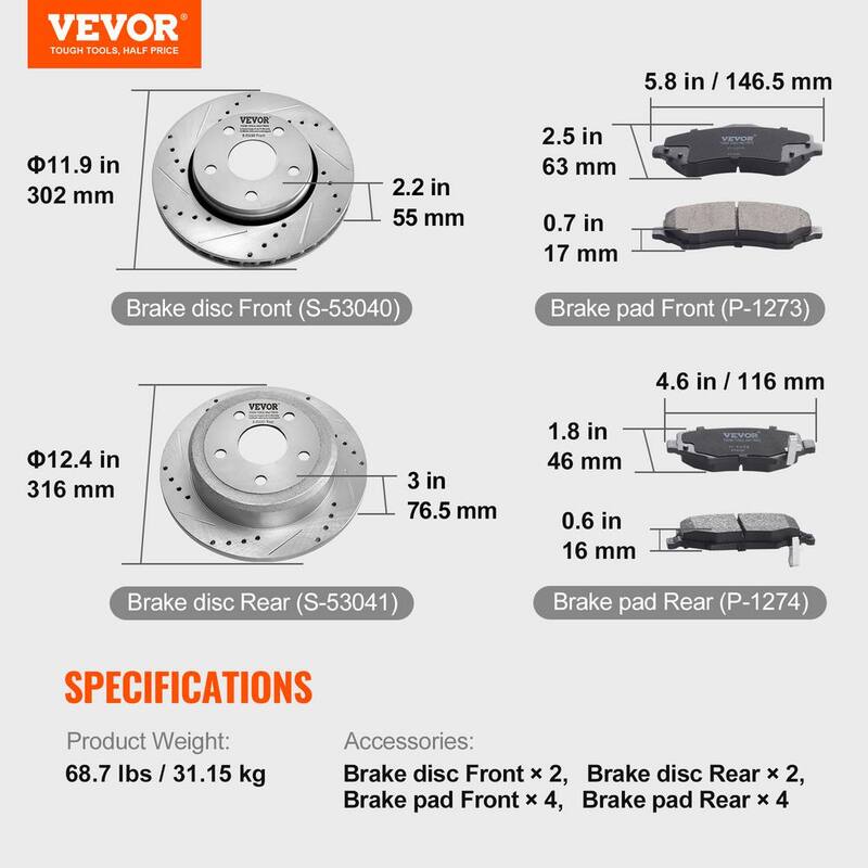 VEVOR Front and Rear Brake Kit Compatible with 2007-2017 Jeep Wrangler, Drilled and Slotted Brake Rotors - QCCCPTZJEEPWJETHKV0