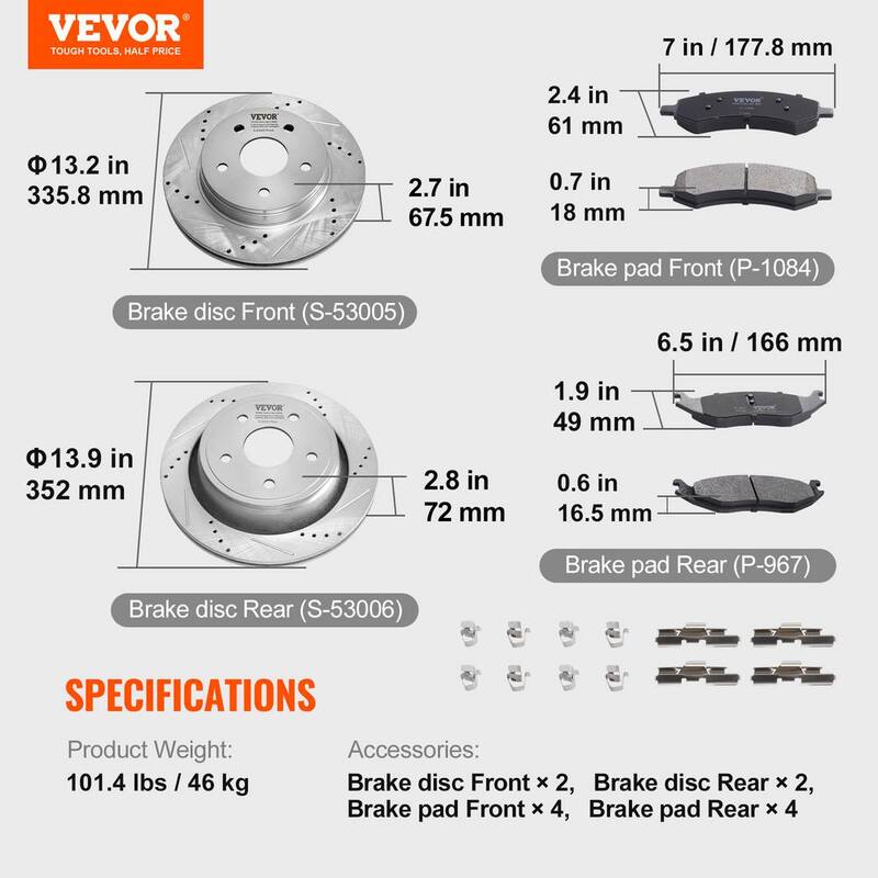 VEVOR Front and Rear Brake Kit for 06-2018 Dodge Ram 1500,07-2009 Dodge Durango Chrysler Aspen, Drilled Brake Rotors - QCCCPTZDURAN0IE56V0