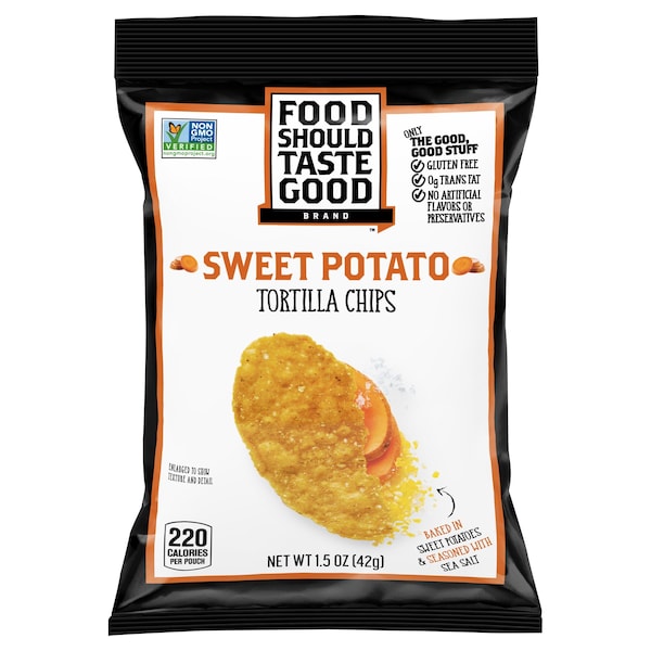 Papas de tortilla Food Should Taste Good, camote con sal marina, 1.5 oz, paquete de 24 - GEM81237