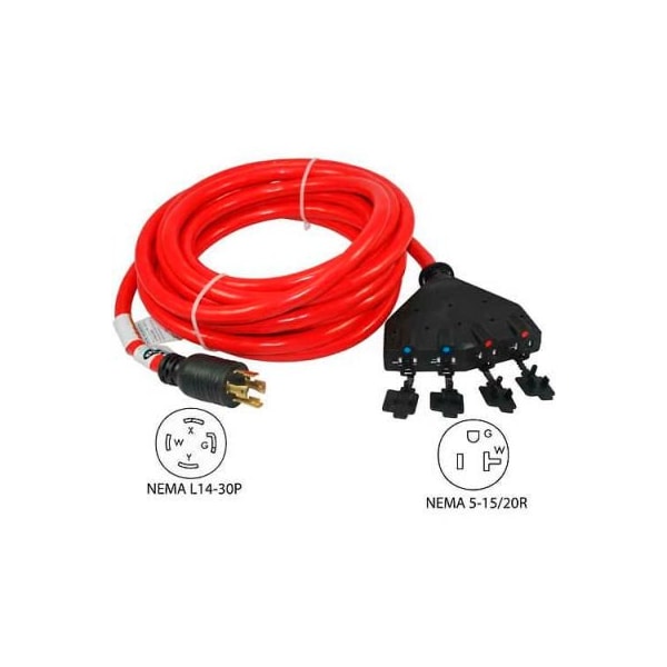 Conntek Conntek 20611, 25', 30A, Generator Power Cord with NEMA L14-30P to 5-15/20R *4 - 20611