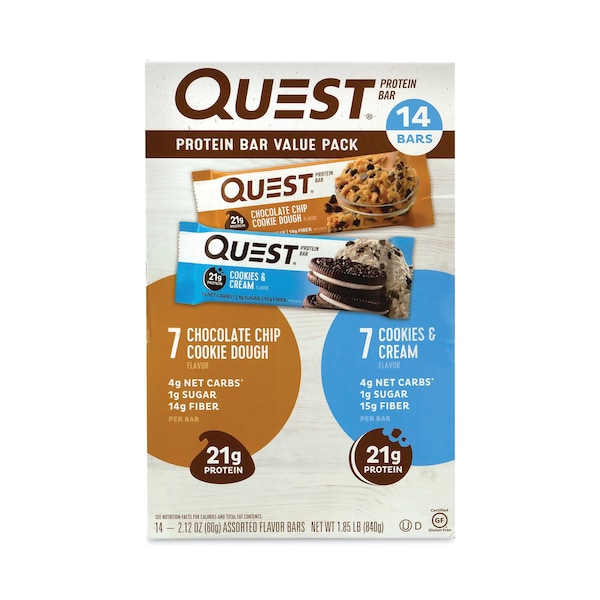 Paquete de Valor de Barra de Proteína Quest, Galleta con Chispas de Chocolate, Galletas y Crema, Barra de 2.12 oz, Paquete de 14 unidades - 849