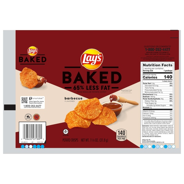Lays Lay's papas fritas horneadas sabor BBQ de 1.12 oz, paquete de 64 bolsas - 44395