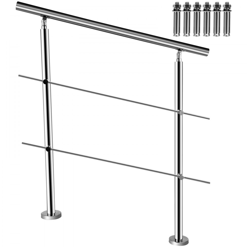 VEVOR Stainless Stair Handrail with 2 Cross Bars Hand Rails for Steps 39.4" Long 201 Stainless Steel Handrail Floor Mount Garden Handrail Easy Installation Hand Rail Outdoor for Indoor Railing - BXGLG100CM2HG2011V0