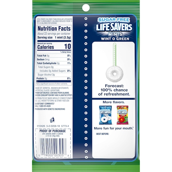 Salvavidas Life Savers Sin Azúcar Wintergreen 2.75 oz., Paquete de 12 - 384717