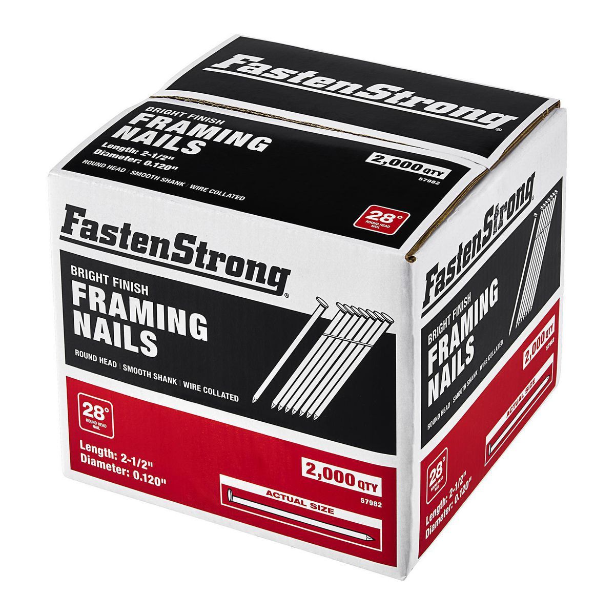 Clavos para armazón de recubrimiento brillante Fastenstrong 28° de 2-1/2 in, a granel, en paleta, 96,000 piezas: 48 paquetes de 2000 piezas - 70860.