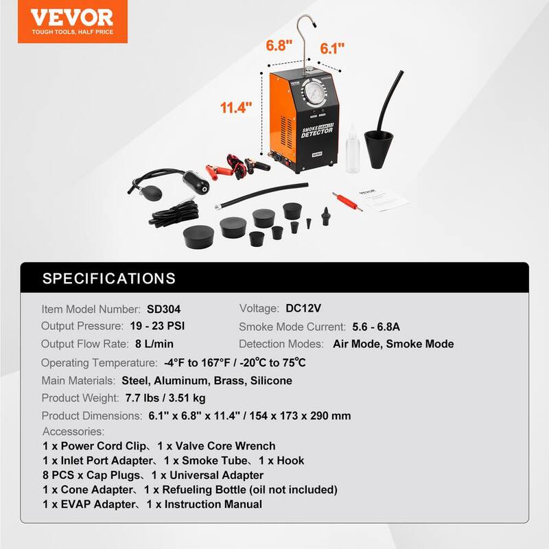 VEVOR Automotive Smoke Machine Leak Detector, EVAP Leak Tester Built-in Air Pump,Built-in Air Pump Testing 2 Detection Modes - YWCLYLSDQBWLY0241V9