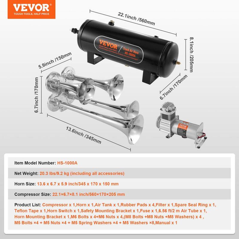 VEVOR Train Horns Kit,4 Trumpet Air Horn Kit,150dB Train Horns for Pickup Trucks,12V 160 psi Air Compressor 2.6 Gal.10 L Tank - QLBYCQGTZ12VB362GV9-0816