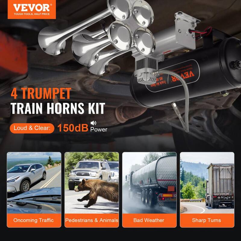 VEVOR Train Horns Kit,4 Trumpet Air Horn Kit,150dB Train Horns for Pickup Trucks,12V 160 psi Air Compressor 2.6 Gal.10 L Tank - QLBYCQGTZ12VB362GV9-0816