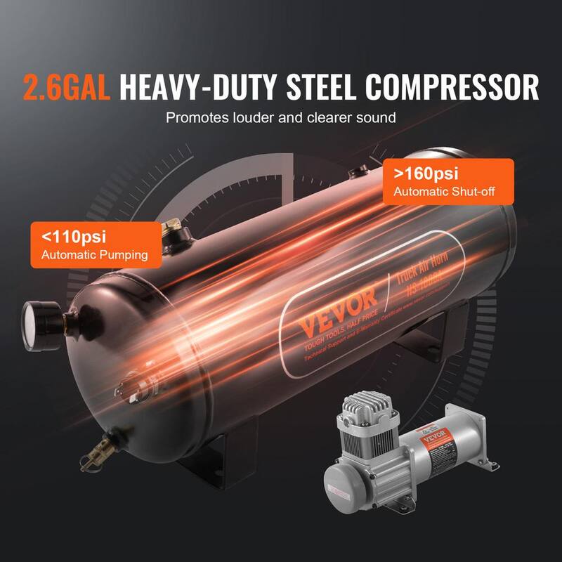 VEVOR Train Horns Kit,4 Trumpet Air Horn Kit,150dB Train Horns for Pickup Trucks,12V 160 psi Air Compressor 2.6 Gal.10 L Tank - QLBYCQGTZ12VB362GV9-0816