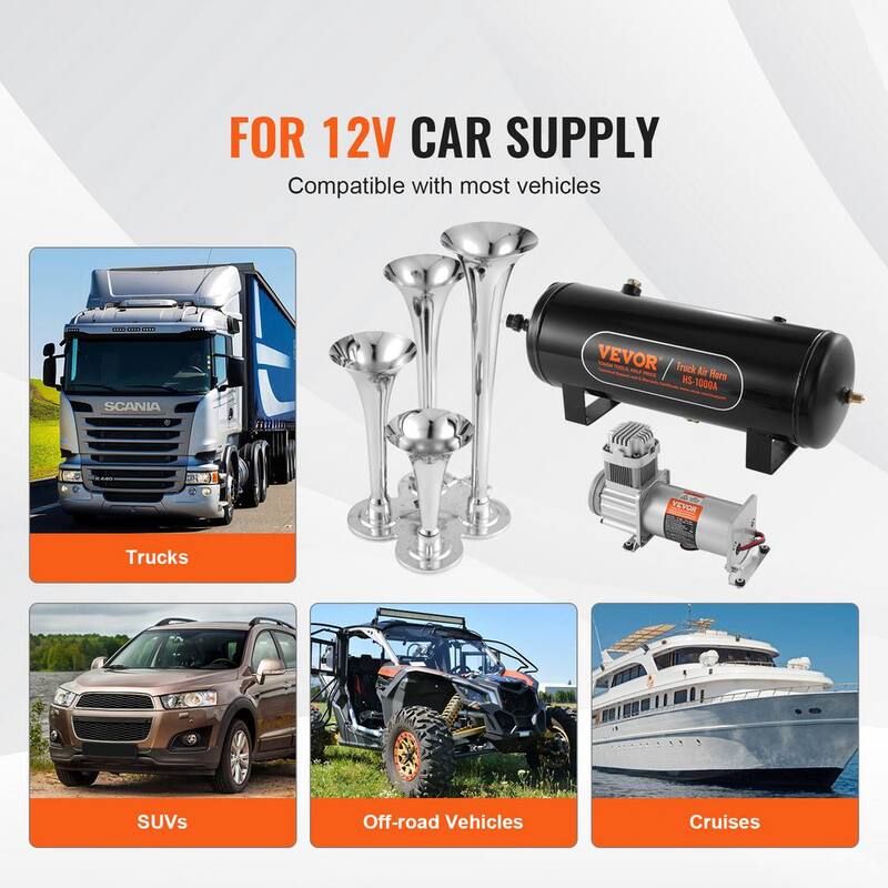VEVOR Train Horns Kit,4 Trumpet Air Horn Kit,150dB Train Horns for Pickup Trucks,12V 160 psi Air Compressor 2.6 Gal.10 L Tank - QLBYCQGTZ12VB362GV9-0816