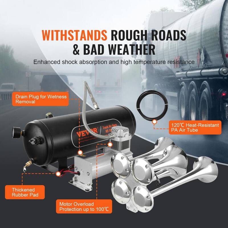 VEVOR Train Horns Kit,4 Trumpet Air Horn Kit,150dB Train Horns for Pickup Trucks,12V 160 psi Air Compressor 2.6 Gal.10 L Tank - QLBYCQGTZ12VB362GV9-0816