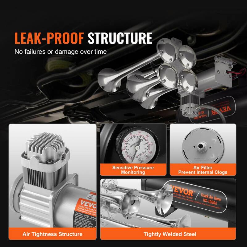 VEVOR Train Horns Kit,4 Trumpet Air Horn Kit,150dB Train Horns for Pickup Trucks,12V 160 psi Air Compressor 2.6 Gal.10 L Tank - QLBYCQGTZ12VB362GV9-0816