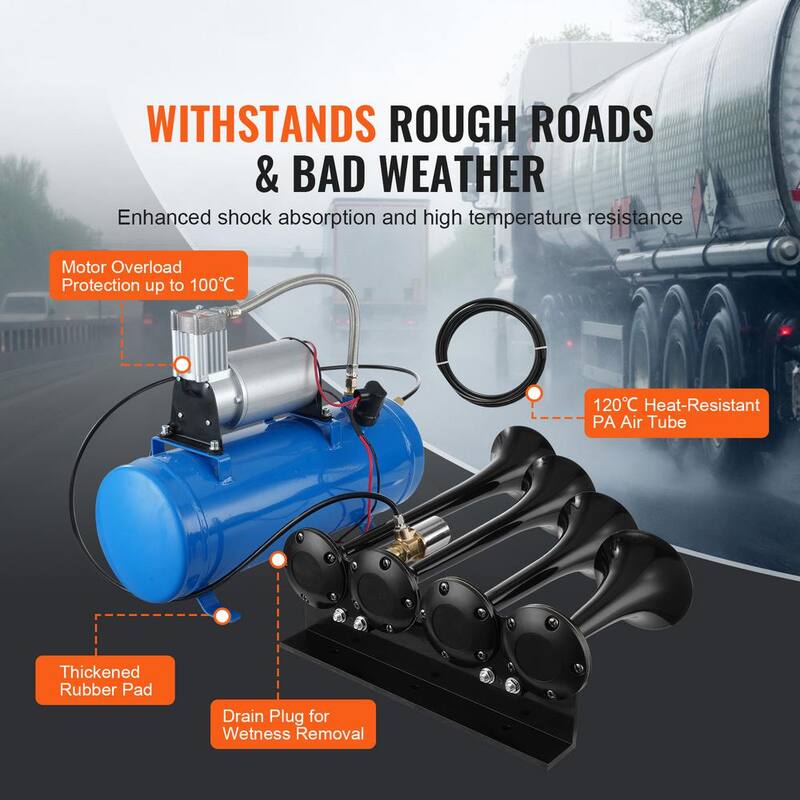 VEVOR Train Horns Kit, 4 Trumpet Air Horn Kit, 150 dB. Train Horns for Pickup Trucks, 12-Volt Air Compressor 1.6 Gal. Tank - QLBYCQGTZ12VRGCVHV9-0731