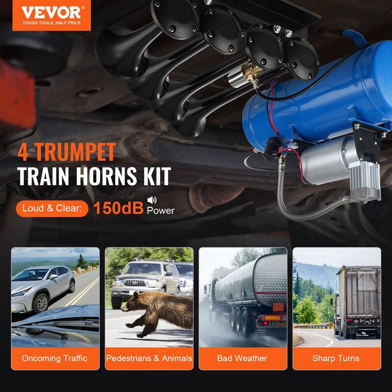 VEVOR Train Horns Kit, 4 Trumpet Air Horn Kit, 150 dB. Train Horns for Pickup Trucks, 12-Volt Air Compressor 1.6 Gal. Tank - QLBYCQGTZ12VRGCVHV9-0731