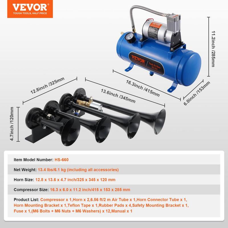 VEVOR Train Horns Kit, 4 Trumpet Air Horn Kit, 150 dB. Train Horns for Pickup Trucks, 12-Volt Air Compressor 1.6 Gal. Tank - QLBYCQGTZ12VRGCVHV9-0731