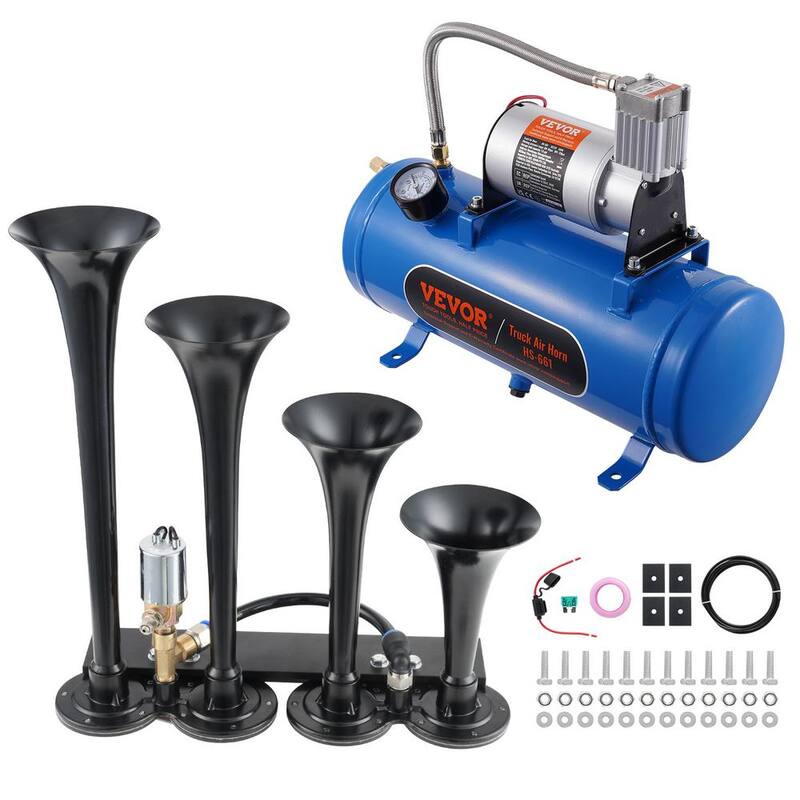 VEVOR Train Horns Kit, 4 Trumpet Air Horn Kit, 150 dB. Train Horns for Pickup Trucks, 12-Volt Air Compressor 1.6 Gal. Tank - QLBYCQGTZ12VRGCVHV9-0731