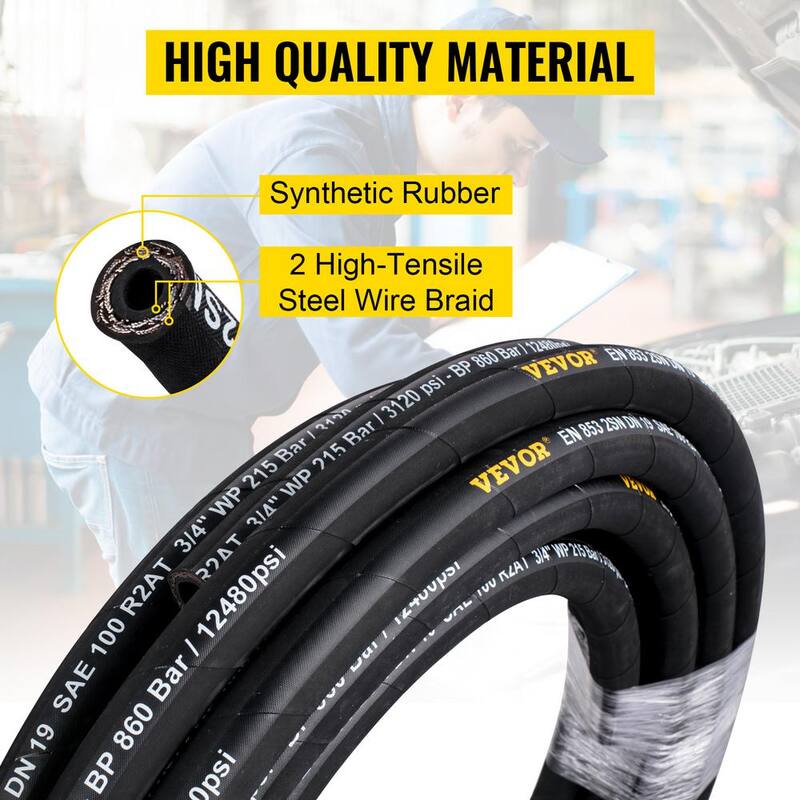VEVOR Hydraulic Hose 1/2 in. x 100 ft. Coiled Hydraulic Hose 4000 PSI Bulk Hydraulic Hose with 2 High-Tensile Steel Wire Braid - YG100FT1-2-500001V0