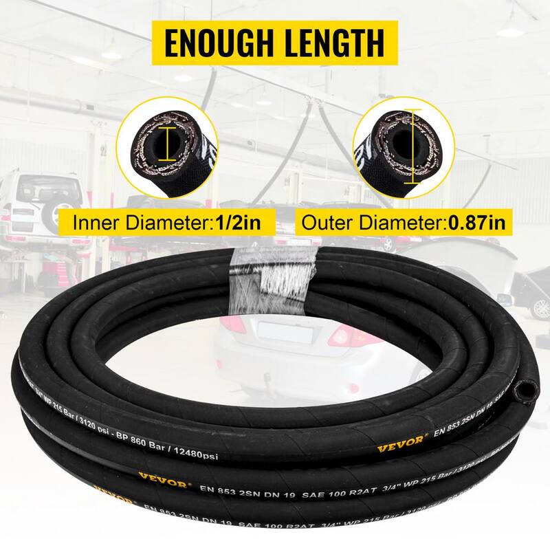 VEVOR Hydraulic Hose 1/2 in. x 100 ft. Coiled Hydraulic Hose 4000 PSI Bulk Hydraulic Hose with 2 High-Tensile Steel Wire Braid - YG100FT1-2-500001V0