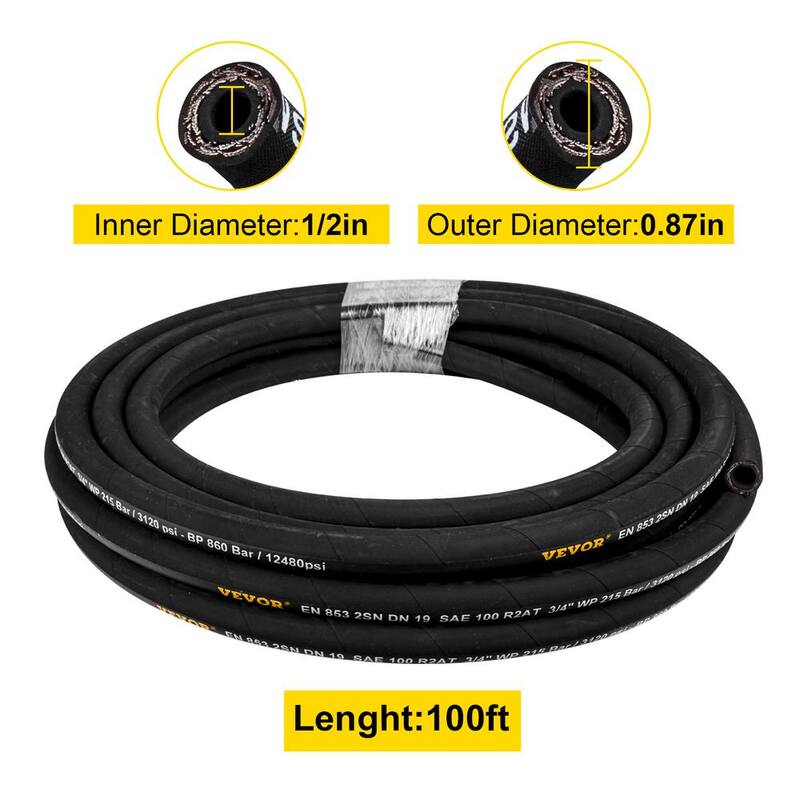 VEVOR Hydraulic Hose 1/2 in. x 100 ft. Coiled Hydraulic Hose 4000 PSI Bulk Hydraulic Hose with 2 High-Tensile Steel Wire Braid - YG100FT1-2-500001V0