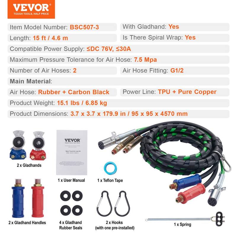 VEVOR 15 ft. Semi Truck Air Lines Kit with 2PCS Glad Hands 3-in-1 Air Hoseand7 Way ABS Electric Power Line for Semi Truck - BKCKQRGTJSHYH8XG8V9