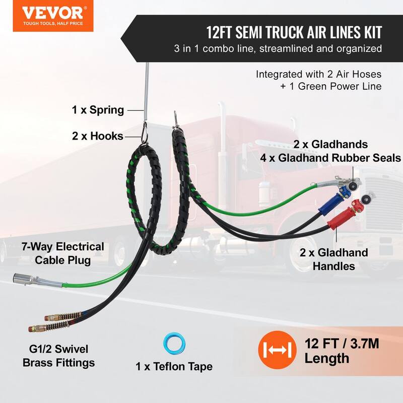 VEVOR 15 ft. Semi Truck Air Lines Kit with 2PCS Glad Hands 3-in-1 Air Hoseand7 Way ABS Electric Power Line for Semi Truck - BKCKQRGTJSHYH8XG8V9