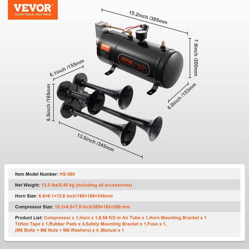 VEVOR Train Horns Kit, 4 Trumpet Air Horn Kit, 150 dB. Train Horns for Pickup Trucks, 12-Volt Air Compressor 0.8 Gal. Tank - QLBYCQGTZ3L1Y5P6PV9-0731