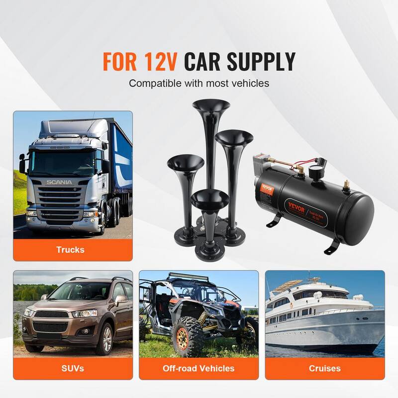 VEVOR Train Horns Kit, 4 Trumpet Air Horn Kit, 150 dB. Train Horns for Pickup Trucks, 12-Volt Air Compressor 0.8 Gal. Tank - QLBYCQGTZ3L1Y5P6PV9-0731