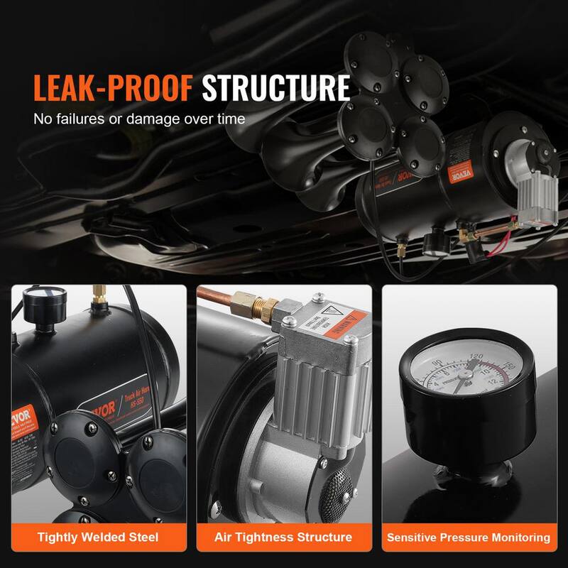 VEVOR Train Horns Kit, 4 Trumpet Air Horn Kit, 150 dB. Train Horns for Pickup Trucks, 12-Volt Air Compressor 0.8 Gal. Tank - QLBYCQGTZ3L1Y5P6PV9-0731