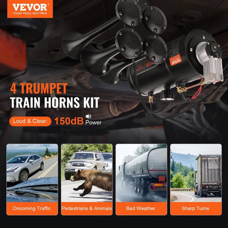 VEVOR Train Horns Kit, 4 Trumpet Air Horn Kit, 150 dB. Train Horns for Pickup Trucks, 12-Volt Air Compressor 0.8 Gal. Tank - QLBYCQGTZ3L1Y5P6PV9-0731