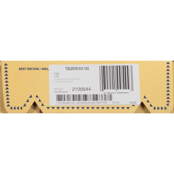 Toblerone 3.52 oz. Barra de Chocolate con Leche Toblerone, PK80 - 543