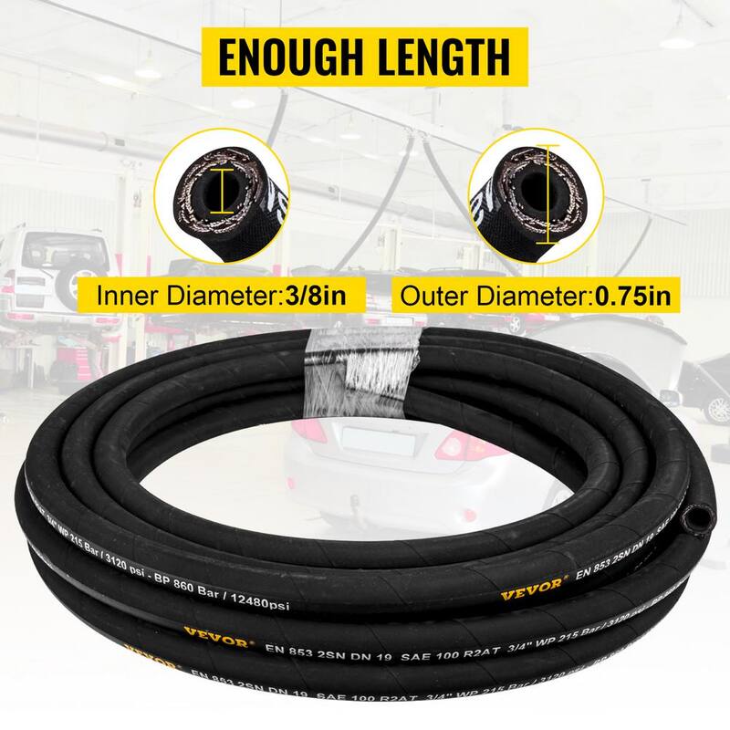 VEVOR Hydraulic Hose 3/8 in. x 100 ft. Coiled Hydraulic Hose 4800 PSI Bulk Hydraulic Hose with 2 High-Tensile Steel Wire Braid - YG100FT3-8-500001V0