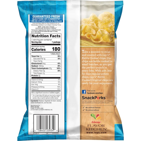Lays Lay's Papas Fritas Kettle Cooked 40% Menos Grasa Original de 1.37 oz. Bolsas, Paquete de 64 - 25115